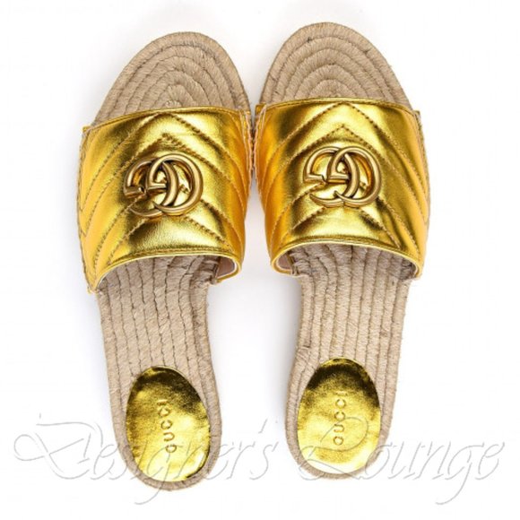 ⚡️SOLD! NEW GUCCI Marmont GG EU 39.5 Pilar Metallic Gold Leather Espadrilles - Picture 6 of 11
